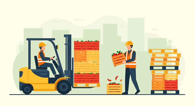 Forklift operator and worker in warehouse moving cargo.