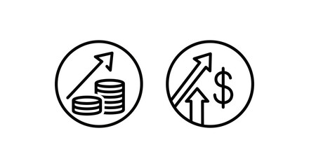 Fototapeta premium Investment return and roi icons: stacked coins with upward arrow and dollar sign with upward arrow investment business earnings illustration increase progress development performance analysis