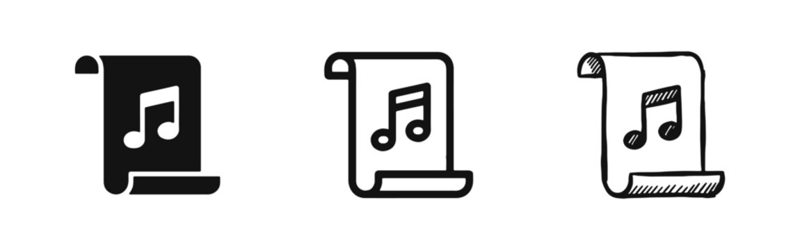 Sheet Music Scroll Icon Set for Classical and Traditional Music in Solid, Outline, and Hand-Drawn Styles