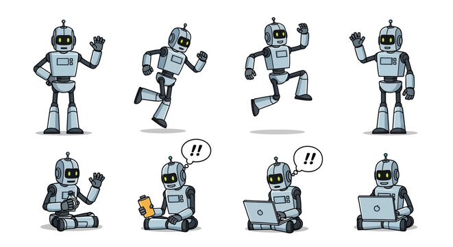 Collection of Cute Robot Characters in Various Poses.