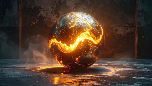 A molten metallic sphere representing the quantum annealing process with flowing radiant energy and heat, set within a complex industrial environment for scientific research.