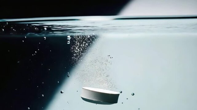 close up of a white effervescent tablet falling into water and dissolving with bubbles
