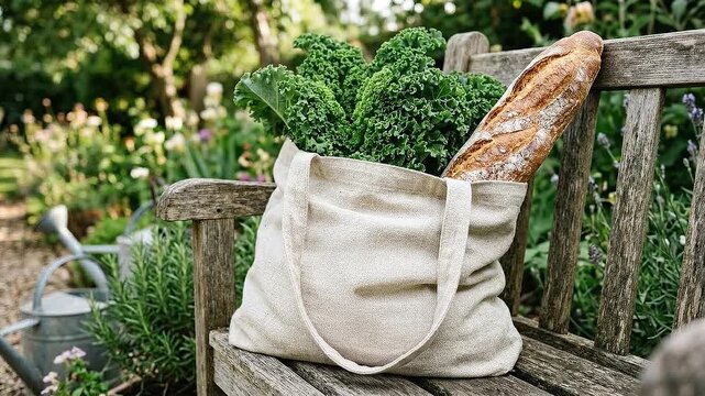 Fresh kale crusty bread neutral wooden tote bag rustic garden bench sustainable mindful lifestyle climate responsibility baguette and watering can