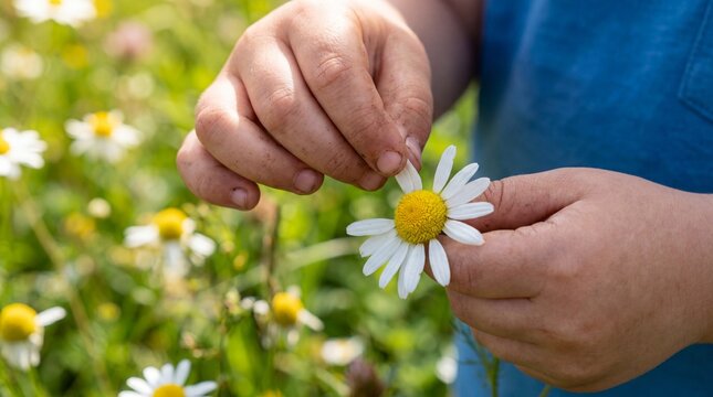 Hands interact gently with a Chamomile (Matricaria chamomilla), symbolizing mindfulness and natural therapy.
