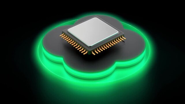 Fintech AI chip sustainable cloud technology glowing green light represents futuristic microchip innovation and digital computing