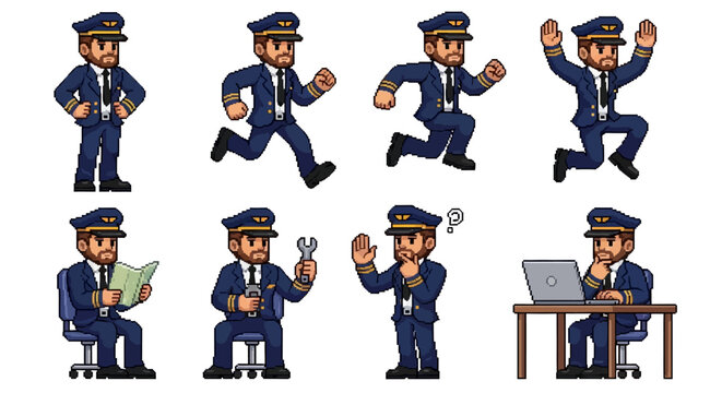 Pixel Art Pilot Character Set Various Poses.