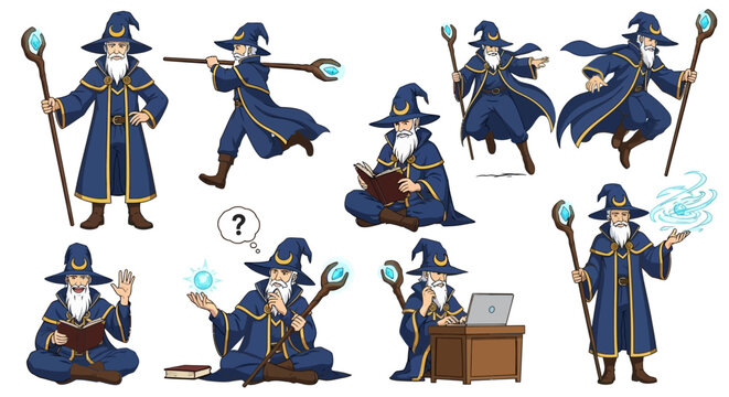 Collection of Wizard Characters in Various Poses and Actions.