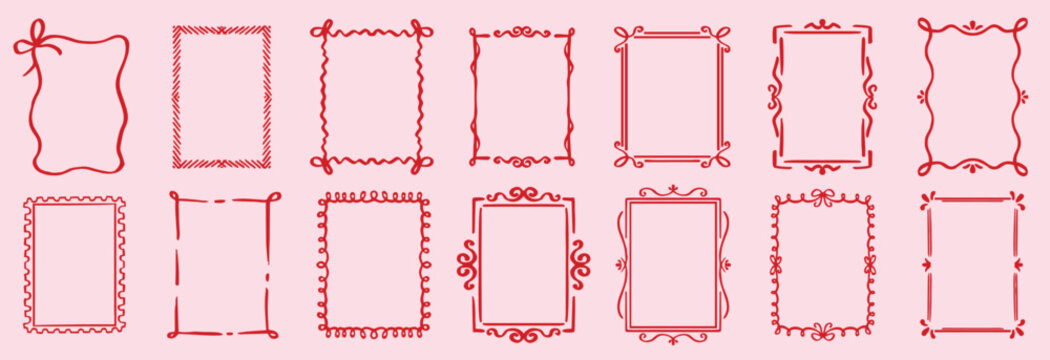 Hand drawn decorative frame set with elegant red borders and vintage ornament styles. Perfect for invitations, cards, certificates, and romantic or festive design projects.