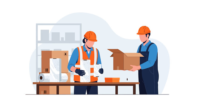 Two warehouse workers in orange helmets and vests sorting packages.