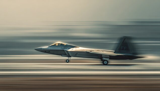 Fighter Jet Accelerating on Runway with Motion Blur Effect.