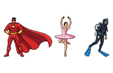 Collection of pixel art icons featuring a superhero, ballerina, and scuba diver © Anwari_Studio