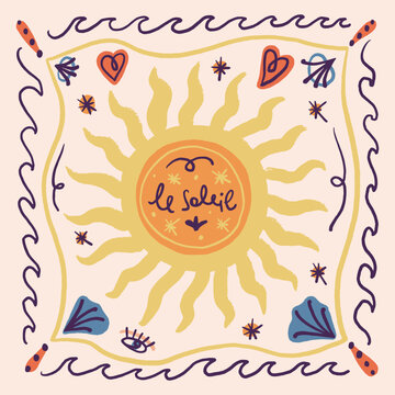 Elegant hand-drawn lettering Le Soleil The Sun in modern calligraphy style. Decorative typography with artistic strokes, perfect for posters, greeting cards, branding, packaging, apparel design, and