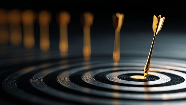 Business strategy and goal setting: Visualizing success with striking gold darts and clearly visible textured details. Many more gold darts are softly blurred in the background, representing systemati