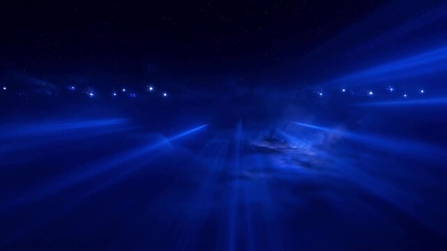 Abstract digital background featuring bright blue neon light rays converging toward center with scattered white stars. Dark night sky with glowing energy beams creating perspective depth. 