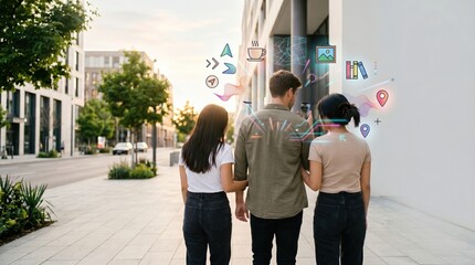 Fototapeta premium Young man and two women looking at smartphone hologram interface digital city navigation symbols augmented reality social interaction technology overlay in urban landscape