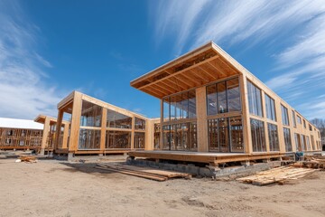 Obraz premium Modern Wooden Building Under Construction with Large Windows.
