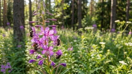 Obraz premium Bees collecting nectar from Epilobium angustifolium, vital for pollination, enhancing biodiversity and ecological balance.