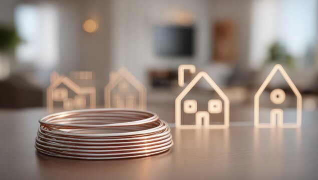 Copper Wiring and House Icons Representing Home Renovation and Real Estate.