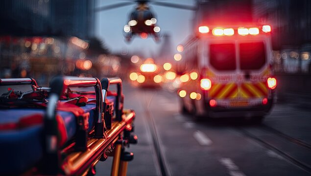Emergency Scene with Ambulance and Helicopter at Dusk.