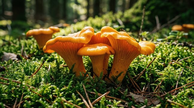 Bright chanterelle fungi thriving on forest floor, highlighting biodiversity, culinary uses, and ecological significance.