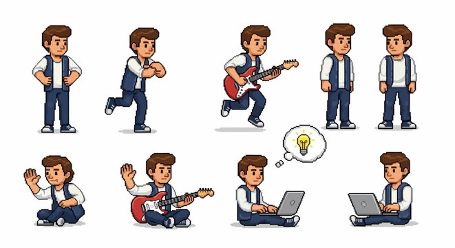 Pixel Art Character Collection Showing Various Activities.