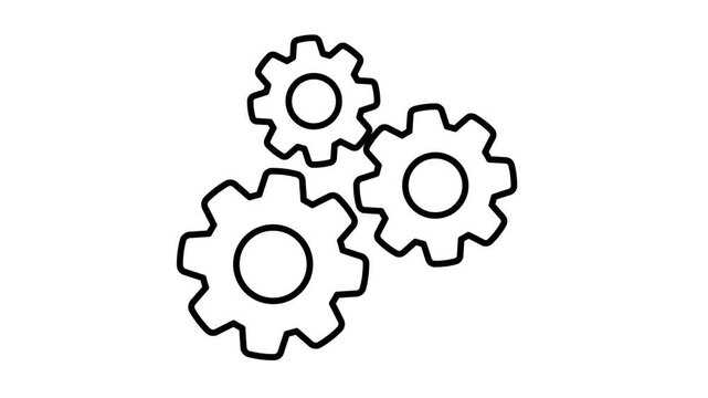 Animated line art icon of three interlocking gears representing teamwork and mechanism