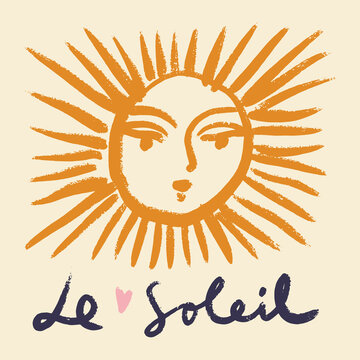 Elegant hand-drawn lettering Le Soleil The Sun in modern calligraphy style. Decorative typography with artistic strokes, perfect for posters, greeting cards, branding, packaging, apparel design, and