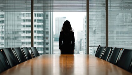 Fototapeta premium Silhouette of a Woman in a Business Suit Standing in a Boardroom Overlooking City Skyline.