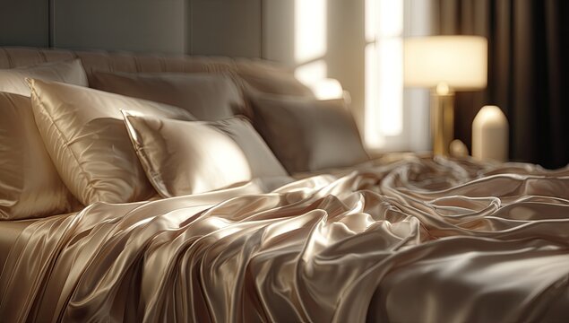 Luxurious Silk Bedding Bathed in Golden Morning Sunlight.