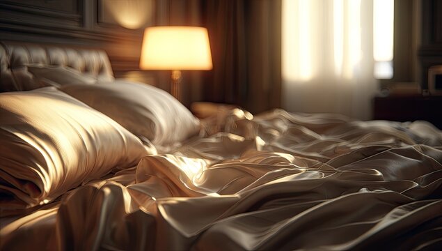 Cozy Bedroom Scene with Soft Morning Light and Lamp Glow.