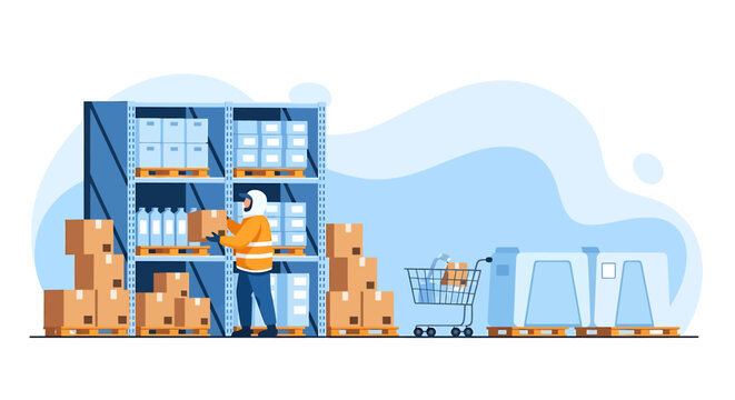Warehouse worker organizing boxes on shelves with a cart nearby.