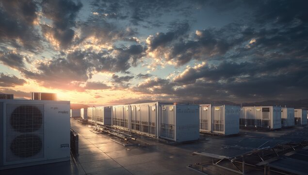 Rooftop Air Conditioners Under Dramatic Sunset Sky.