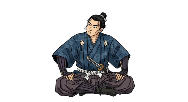 Illustration of a Japanese Samurai warrior sitting in traditional attire.