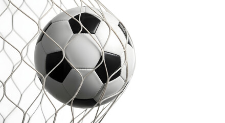 Fototapeta premium A soccer ball flies into the goal net on a white background