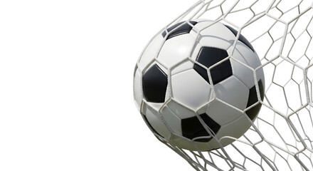 Naklejka premium A soccer ball flying into the goal net on a white background