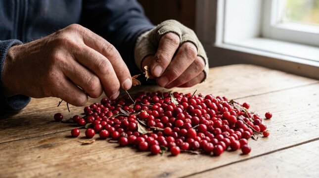 Hands carefully gather and prepare wild cranberries on a wooden table, highlighting sustainable foraging techniques and autumn harvest.