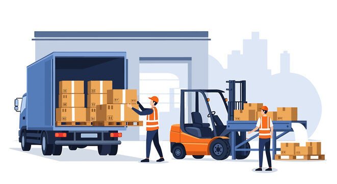 Warehouse workers loading boxes onto a truck using a forklift.