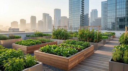 Fototapeta premium Vegetable planters on a city rooftop highlight urban agriculture and sustainable living amidst skyscrapers, blending nature with urban life.