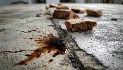 Fototapeta premium Close up of spilled dark liquid on cracked concrete surface with debris.
