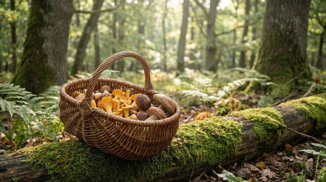 Freshly foraged chanterelles and boletes in a basket within a forest, representing sustainable food sourcing and woodland exploration.