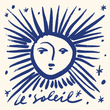 Elegant hand-drawn lettering Le Soleil The Sun in modern calligraphy style. Decorative typography with artistic strokes, perfect for posters, greeting cards, branding, packaging, apparel design, and