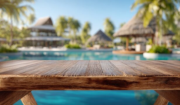 Tropical Resort Paradise with Wooden Table and Pool.