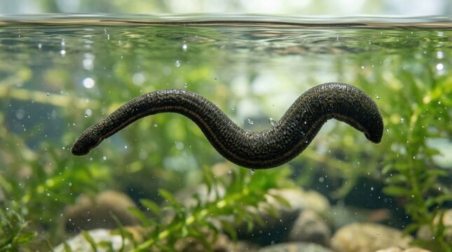 Close-up of a leech swimming underwater, showcasing its role in traditional medicine and aquatic ecosystems.