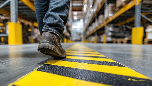 Worker Walking on Safety Line in Warehouse Aisle.