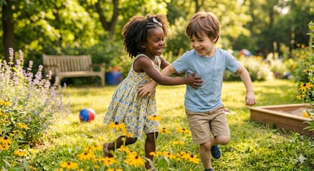 Two joyful children running and playing in a green garden surrounded by flowers. Energetic childhood moment full of happiness, movement, and freedom.