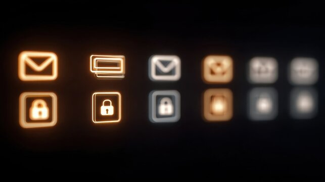 Glowing Orange Icons on a Dark Background with Desaturated White Effects, Showcasing Various Digital Communication Symbols and Security Elements