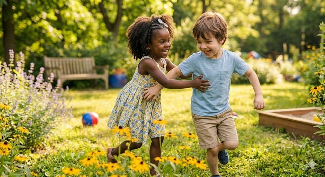 Two joyful children running and playing in a green garden surrounded by flowers. Energetic childhood moment full of happiness, movement, and freedom.