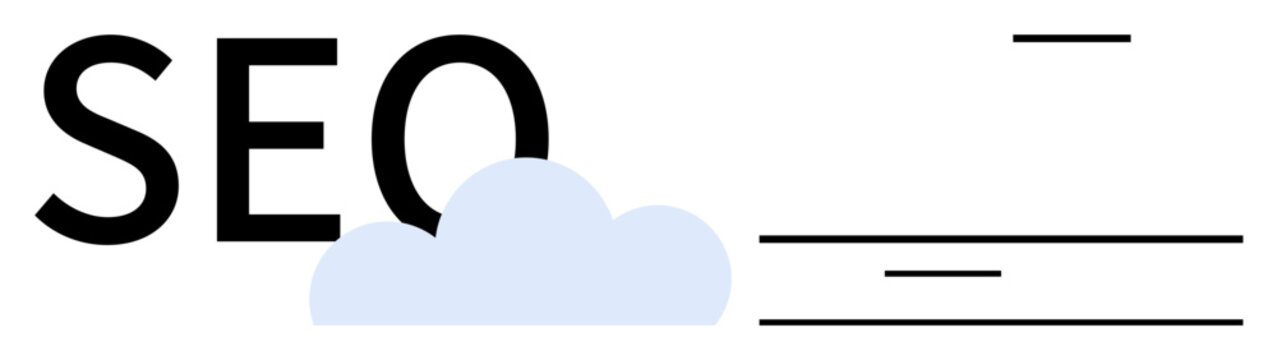Digital strategy, online marketing, cloud computing, website optimization, connectivity, internet tools. The word SEO with a cloud icon and abstract lines. Digital strategy and online marketing