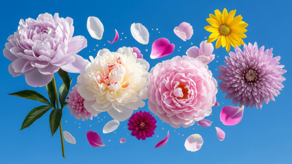 Fototapeta premium Vibrant peonies and chrysanthemums float gently against a clear blue sky with scattered petals.