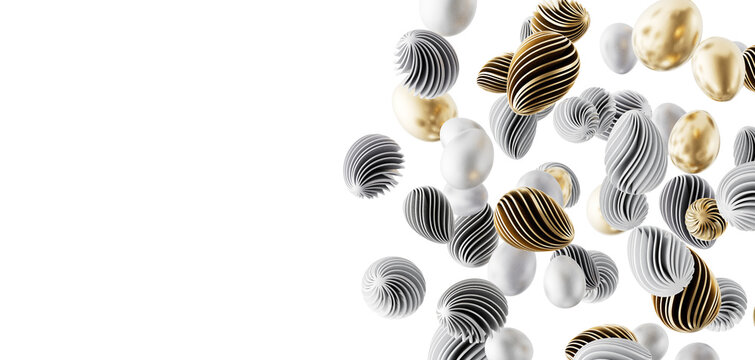 Stylish 3D rendered illustration of floating Easter eggs. Modern design with gold, silver and white eggs. Perfect for Ea